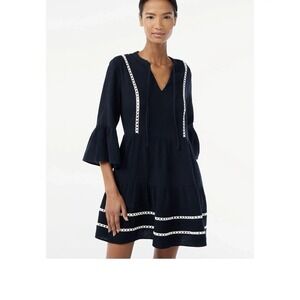 SCOOP Cotton Gauze Mini Dress S Black‎ Lace Trim Black Boho Peasant Resortwear